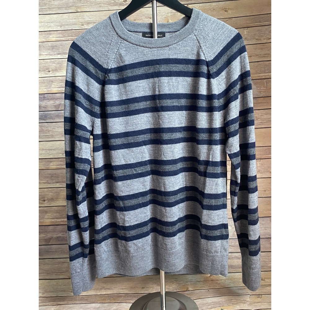 Banana Republic Mens Large 100% Merino Wool Striped Crewneck Sweater Grey Navy